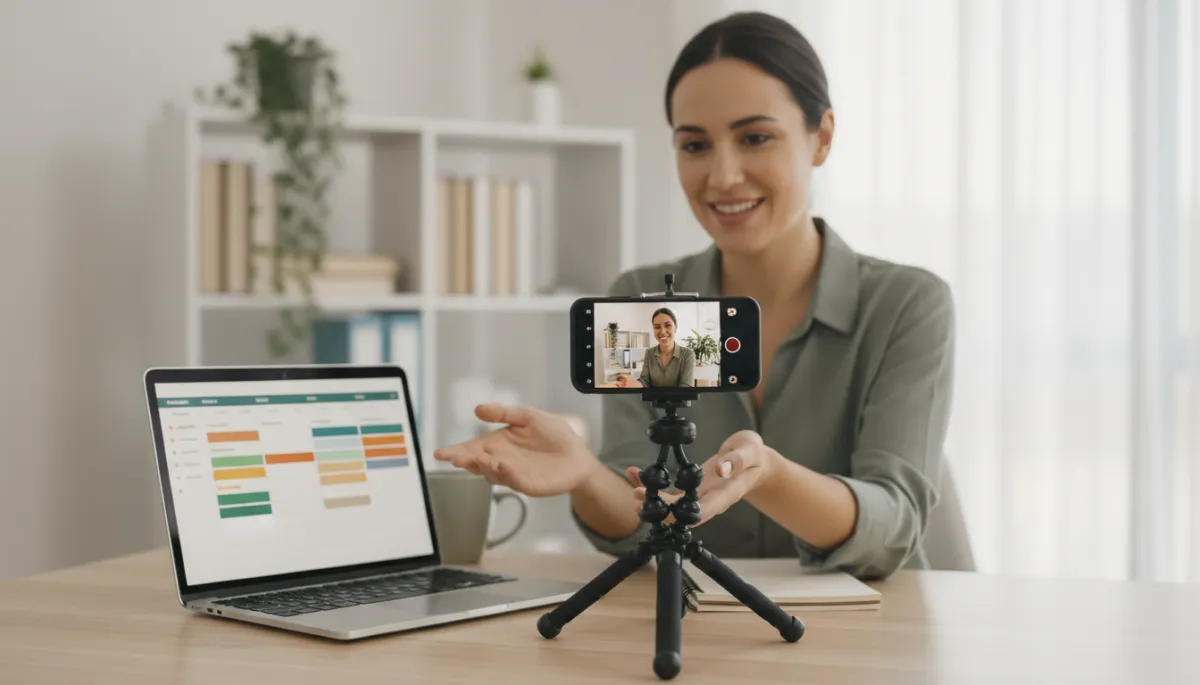 Business owner creating social media content in a professional workspace