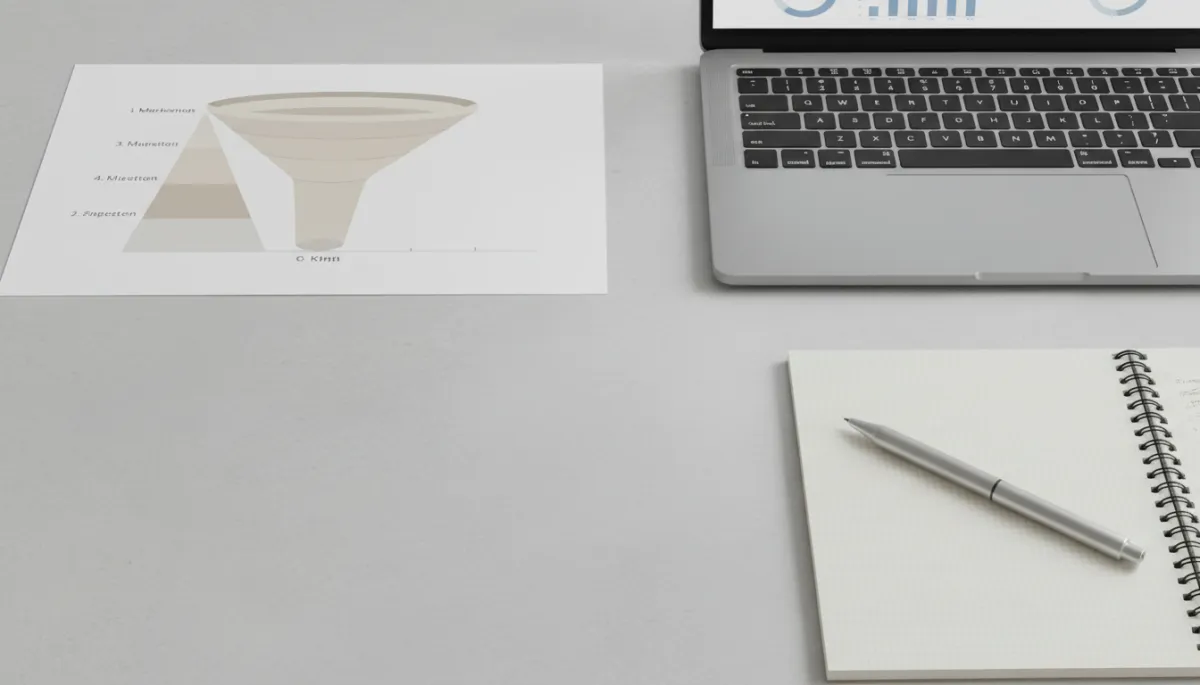 Desk with a printed marketing funnel diagram and performance reports
