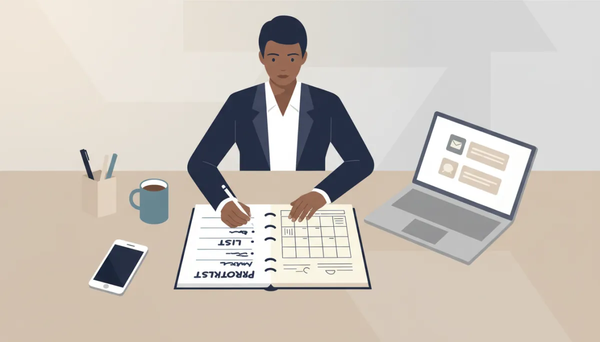 Business owner batching communication with phone face down and planner open Business owner batching communication with phone face down and planner open