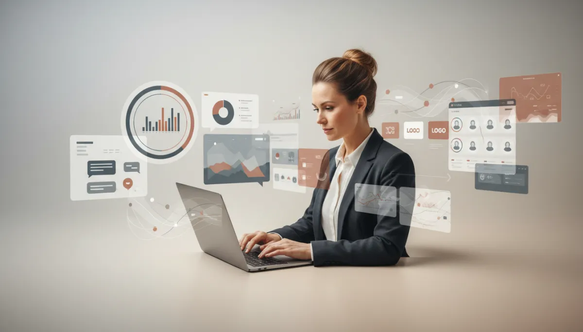 Small business owner surrounded by AI-powered marketing, CRM, and automation tools