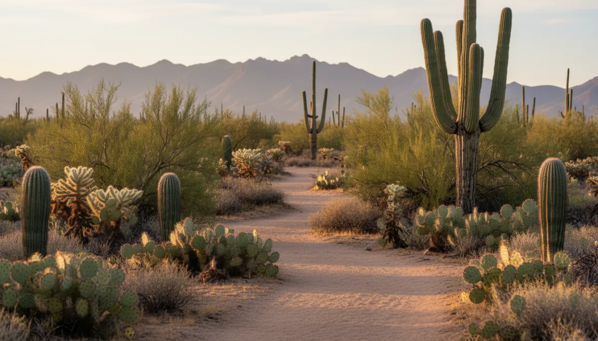 Professional photo of a desert hiking trail near Corona de Tucson with cacti and mountain backdrop
