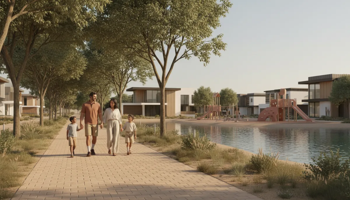 Family walking near a lake and playground in an Arizona suburb