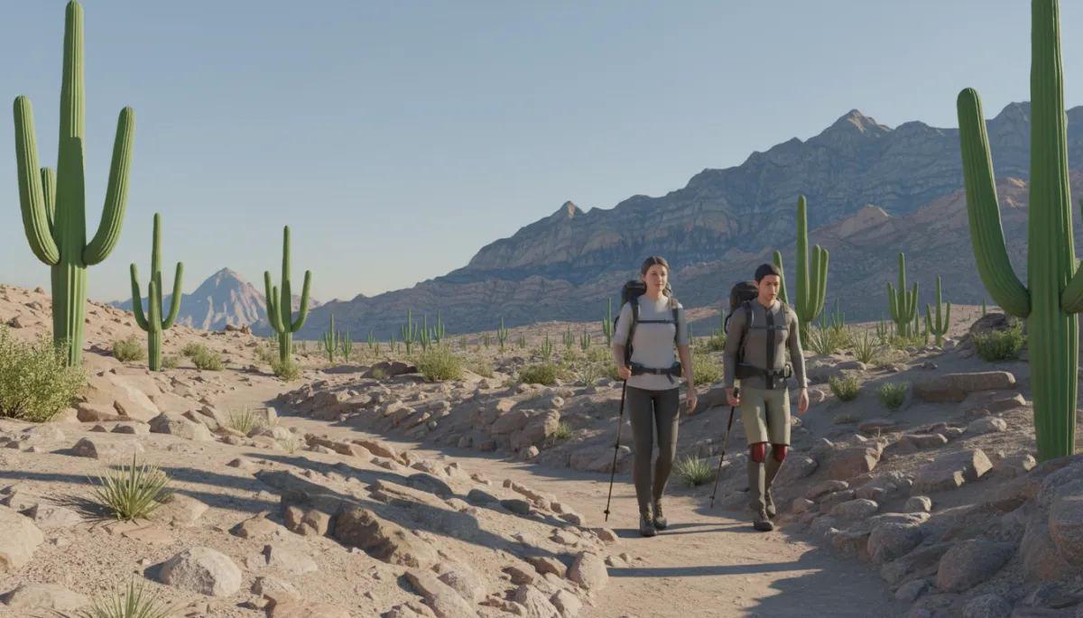 Hikers enjoying a desert trail near Corona de Tucson with mountain views Hikers enjoying a desert trail near Corona de Tucson with mountain views