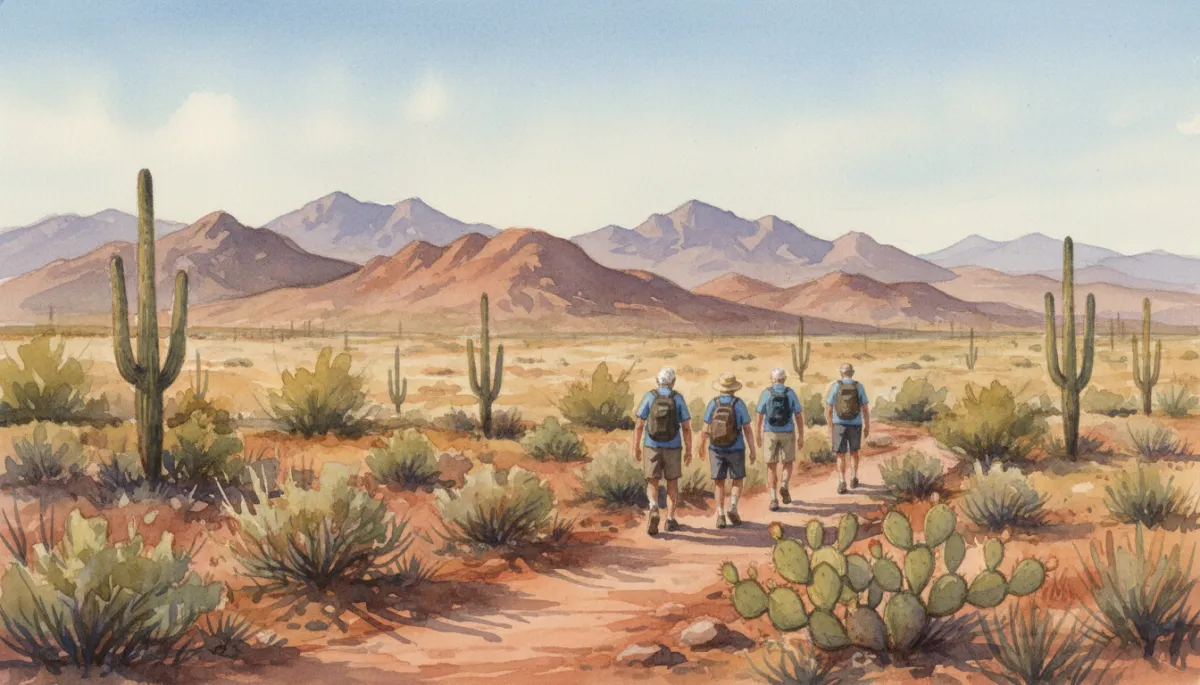 Active retirees hiking a desert trail near Green Valley AZ