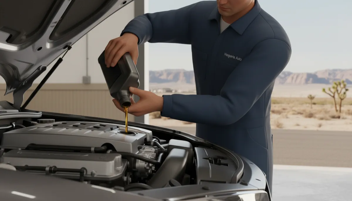 Mechanic performing an oil change and inspection on a vehicle in the high desert