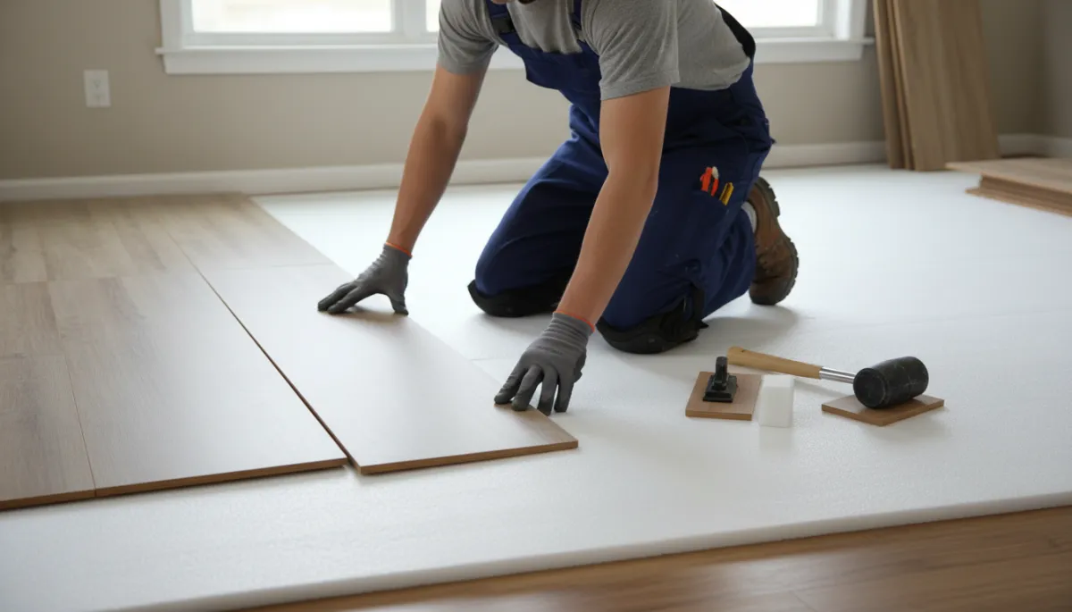 Professional installer laying laminate planks in a Charlotte home
