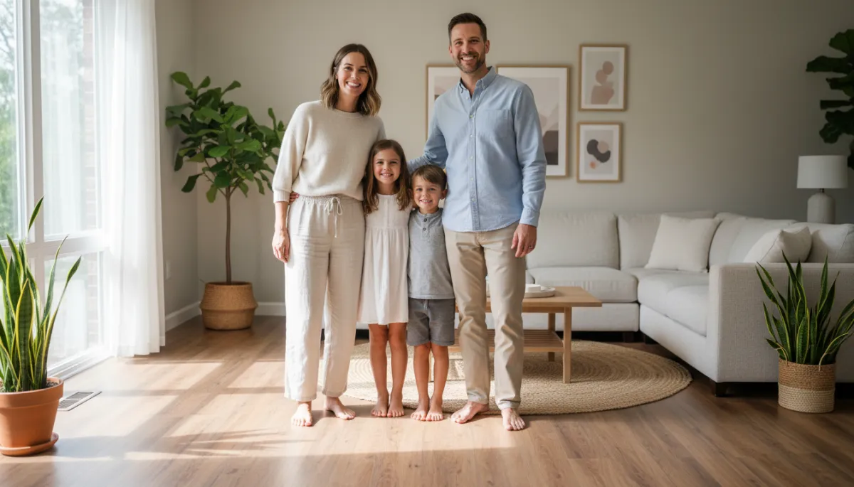 Happy Charlotte family enjoying new laminate flooring in their home