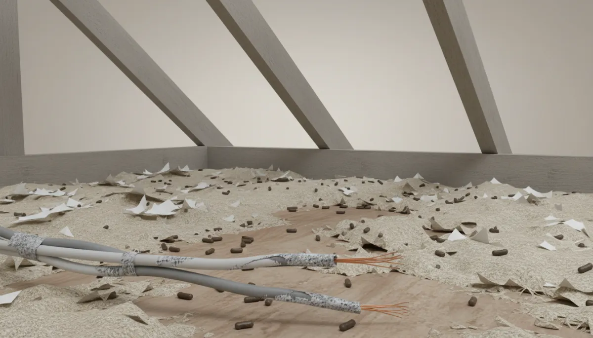 Attic corner with rodent droppings and chewed wiring in a Bay Area home Attic corner with rodent droppings and chewed wiring in a Bay Area home