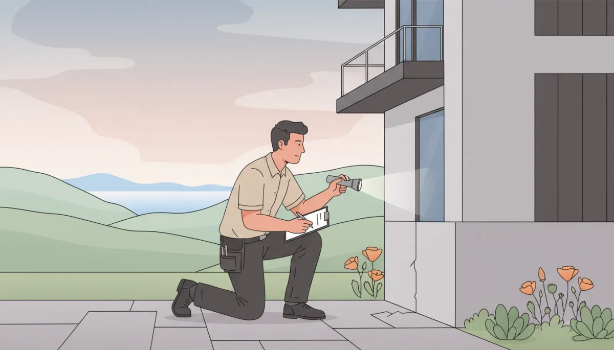 Pest control technician inspecting the exterior of a Bay Area home