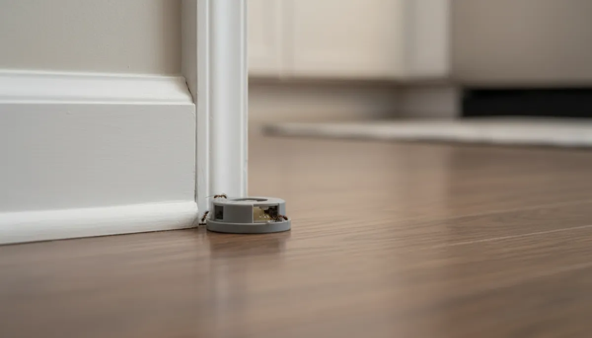 Ants feeding at a bait station near a baseboard in a Bay Area home