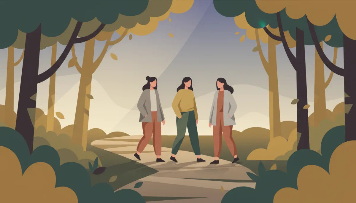 Women walking together through a quiet forest during a wellness retreat