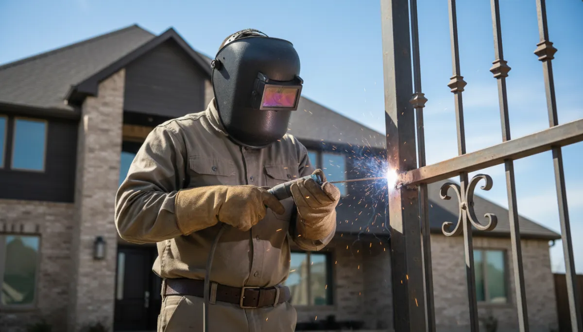 Welder performing on-site welding repair on a steel gate at a Dallas home Welder performing on-site welding repair on a steel gate at a Dallas home