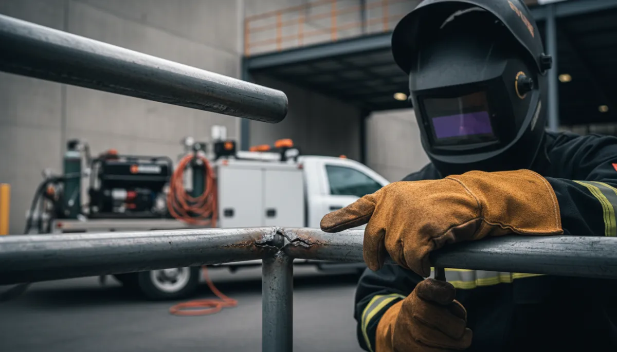 Mobile welder inspecting damaged steel handrail before performing on-site repair Mobile welder inspecting damaged steel handrail before performing on-site repair