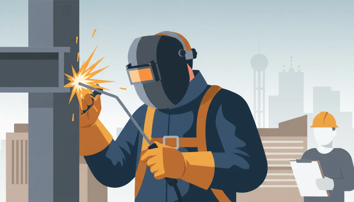 AWS certified mobile welder performing a structural weld at a Dallas facility