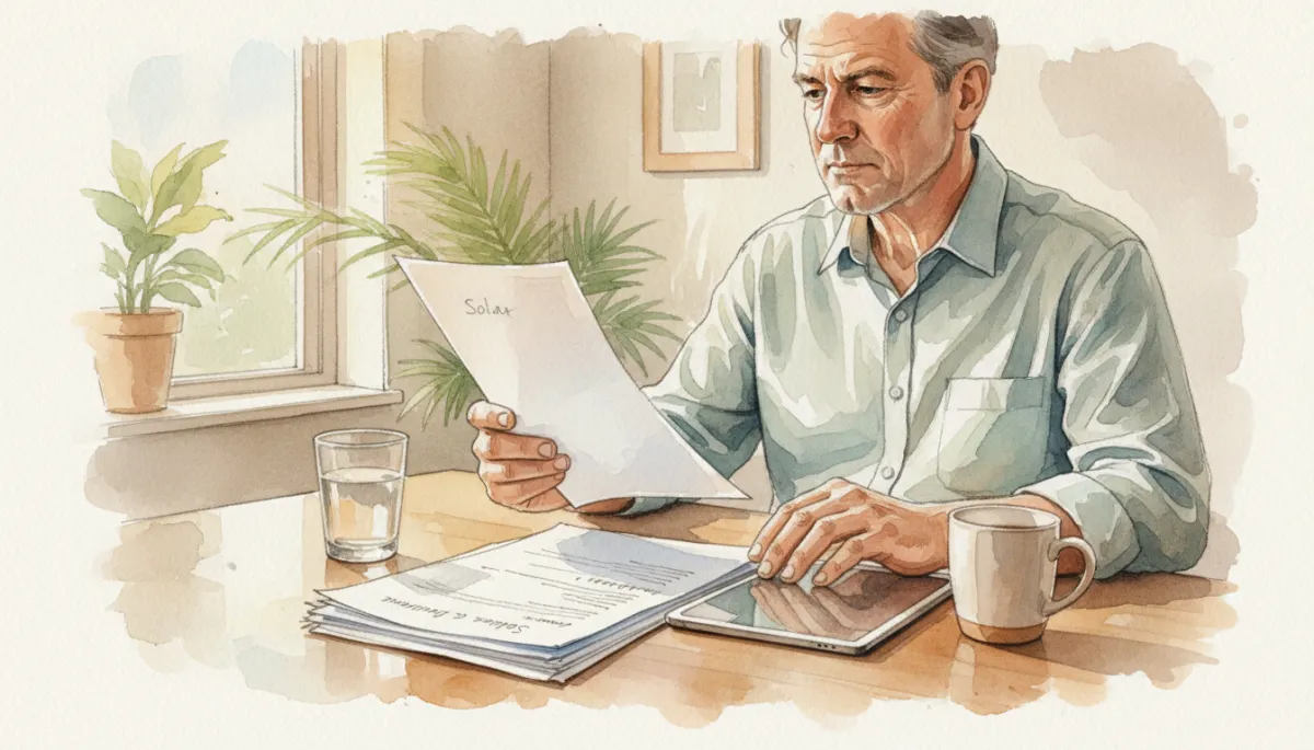 Homeowner reviewing solar and insurance paperwork at a kitchen table