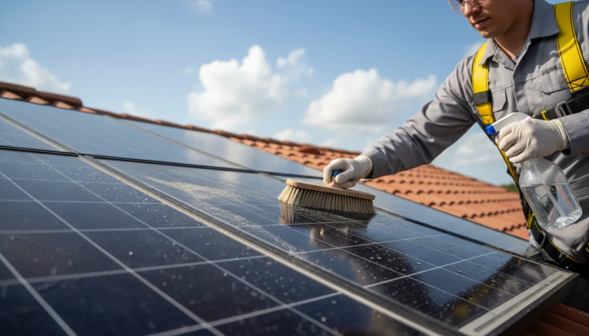 Technician cleaning rooftop solar panels using proper tools and safety gear