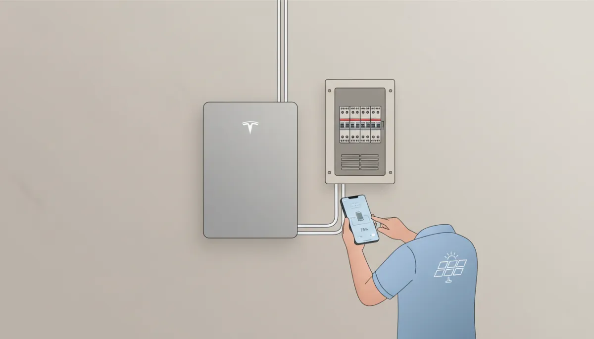 Tesla Powerwall 3 installed in a Tampa Bay home garage with technician demonstrating solar and battery monitoring app