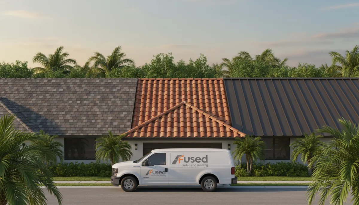 professional neutral-toned close-up of a new shingle, tile, and metal roof section on neighboring Tampa homes, with a Fused Solar and Roofing truck parked on the street