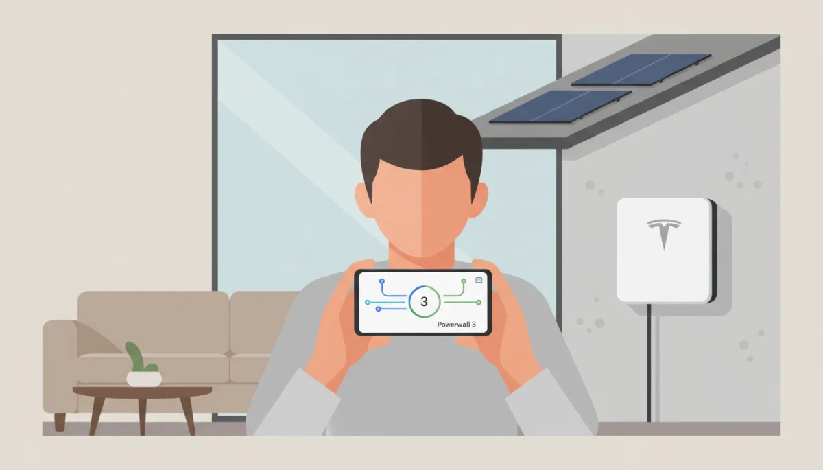 Homeowner monitoring Tesla Powerwall 3 and solar performance on a smartphone app Homeowner monitoring Tesla Powerwall 3 and solar performance on a smartphone app