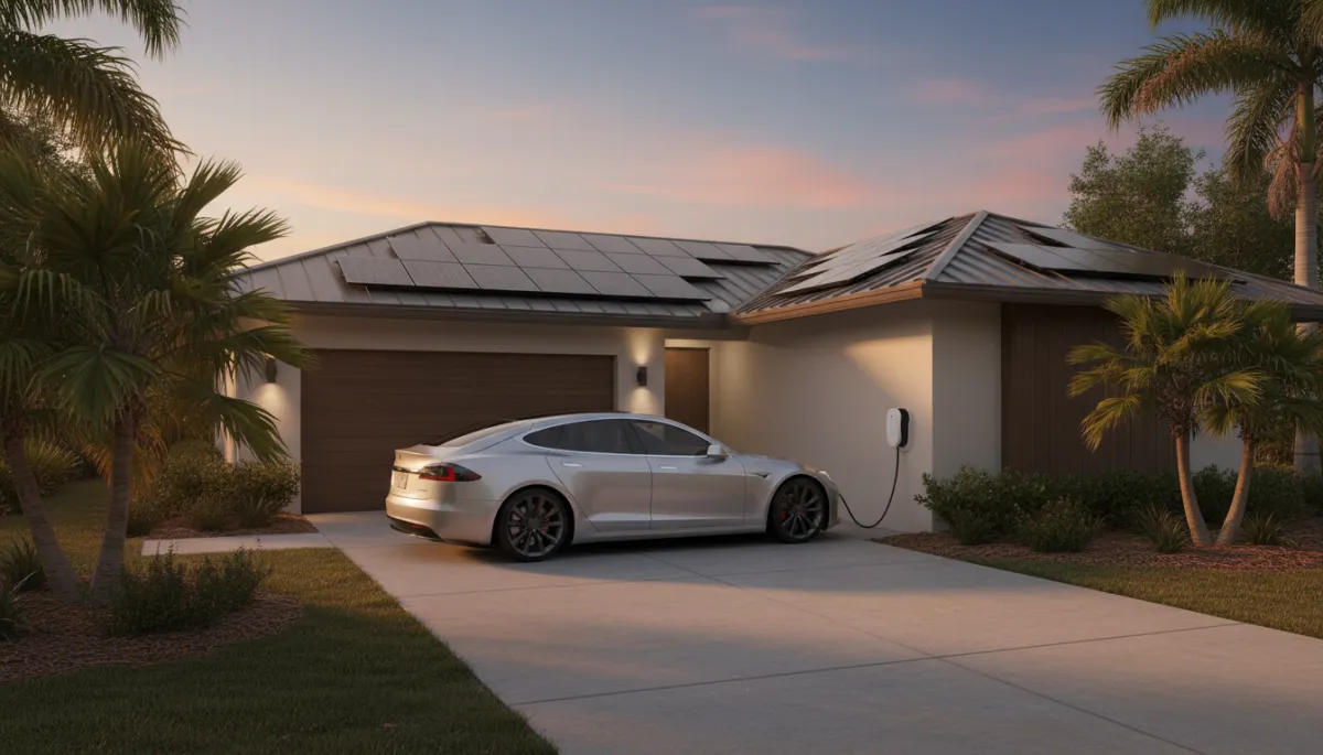 Electric vehicle charging from a Level 2 charger at a Tampa home with solar panels
