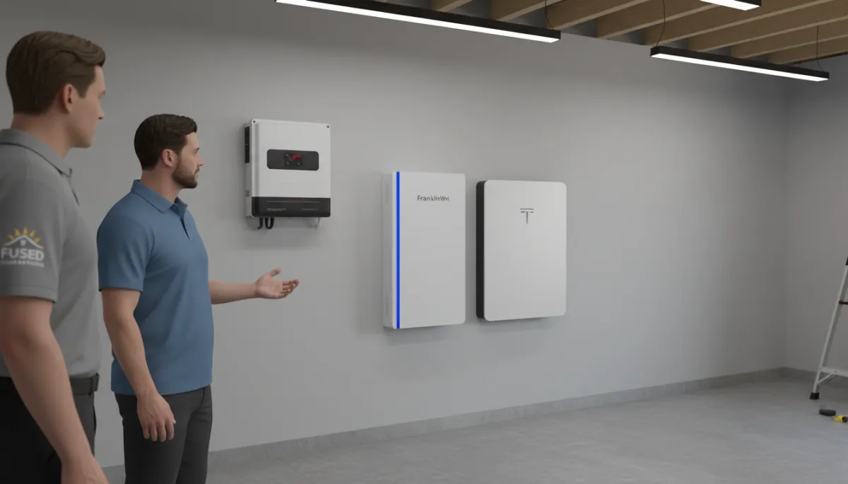 Technician comparing FranklinWH aPower 2 and Tesla Powerwall 3 options for a Tampa homeowner