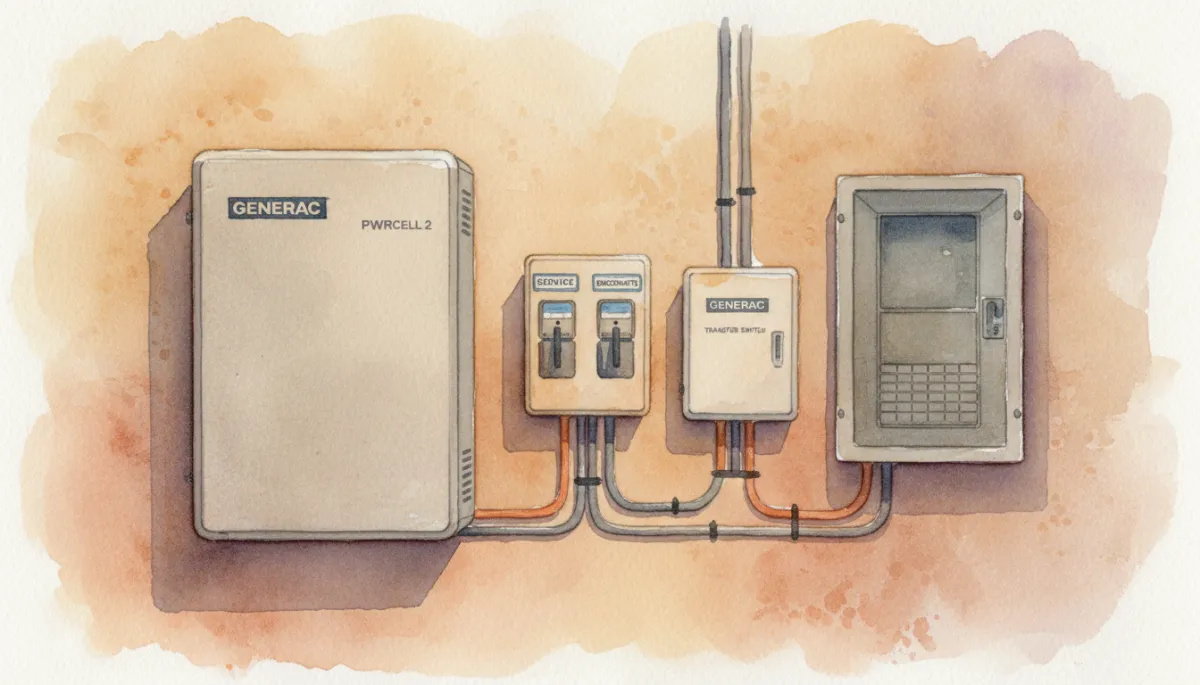 Generac PWRcell 2 battery and electrical equipment installed neatly on an exterior wall Generac PWRcell 2 battery and electrical equipment installed neatly on an exterior wall