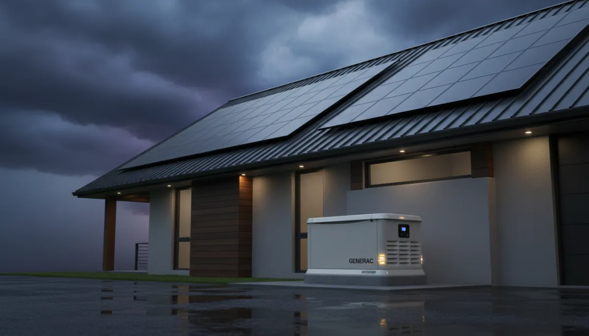 Generac standby generator installed beside a solar-powered Tampa Bay home