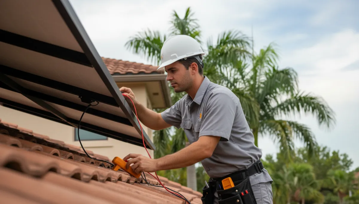 Technician inspecting rooftop solar panels on a Tampa Bay home