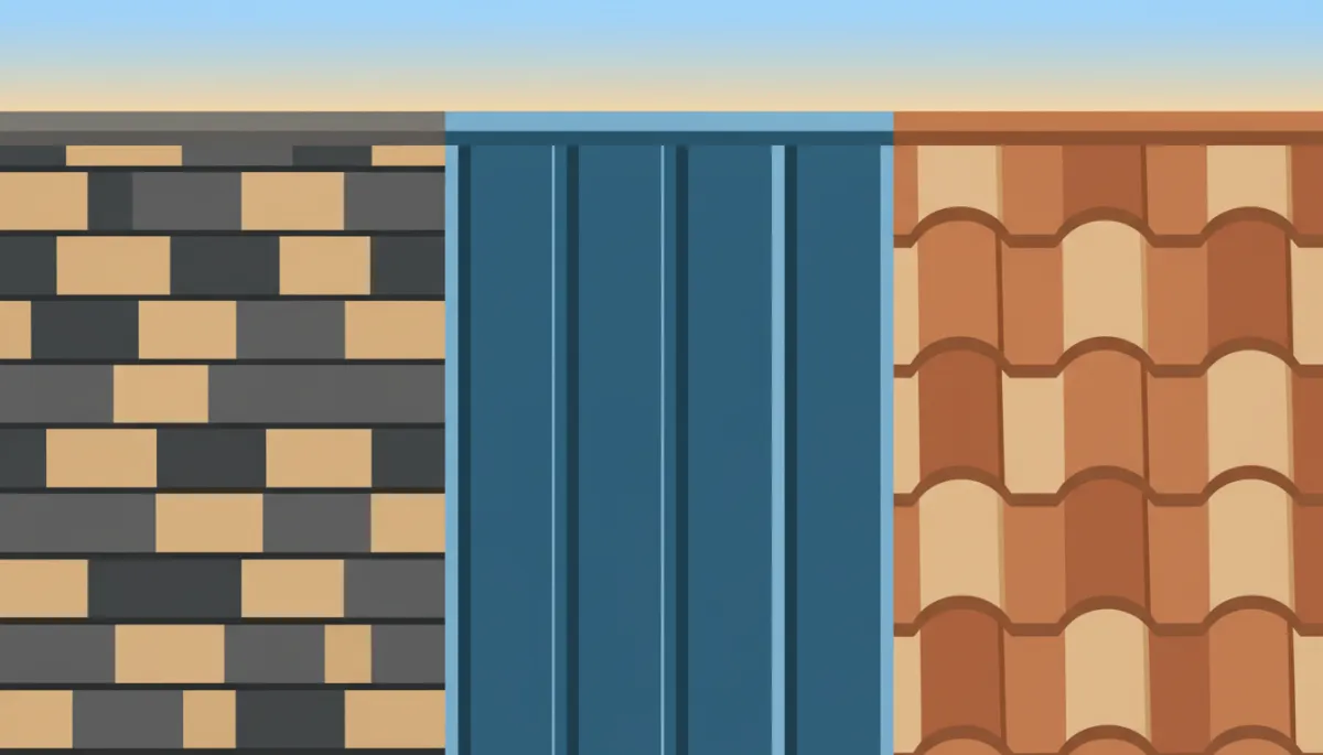 Close-up view of asphalt, metal, and tile roofing materials on Tampa home