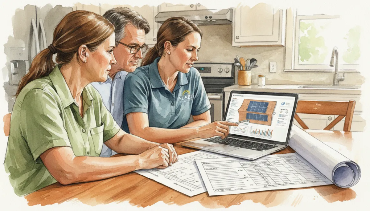 Homeowners reviewing a custom solar design and quote with a project manager