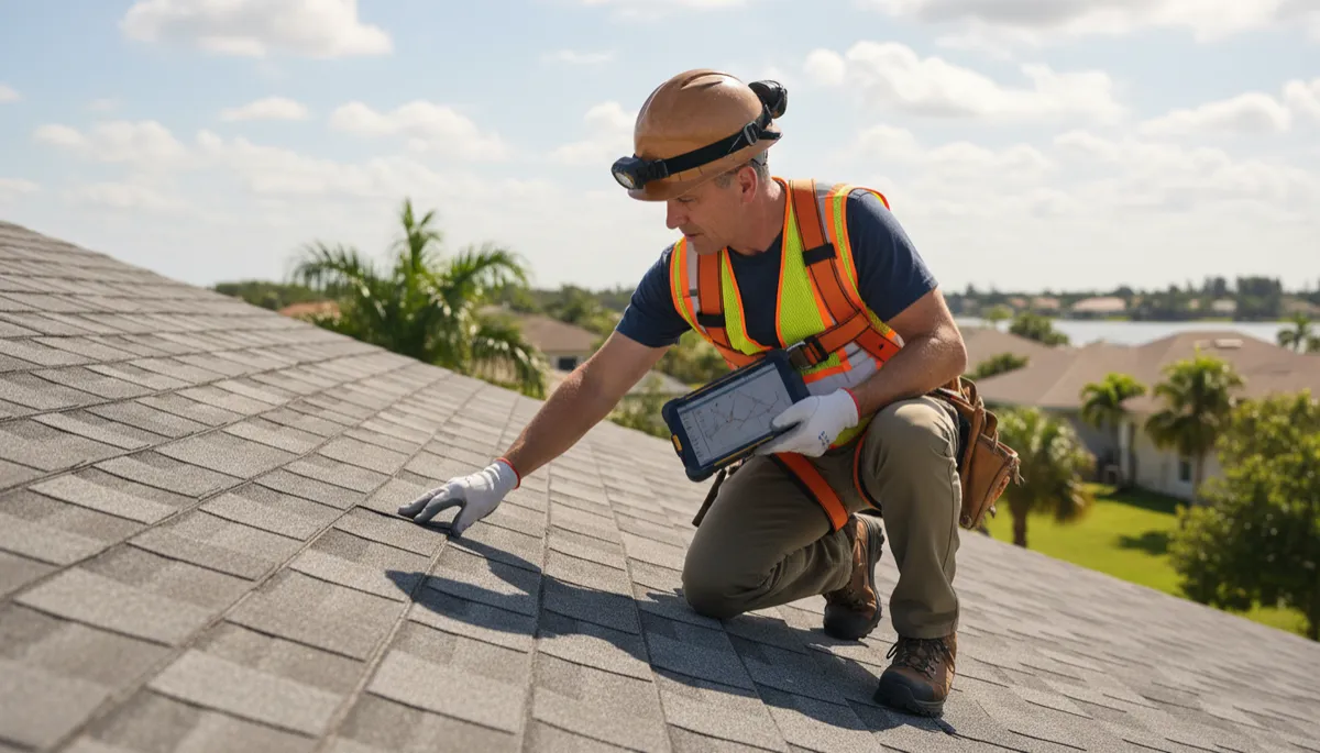 professional photorealistic close-up of a licensed roofing inspector in safety gear examining shingles and flashing on a Tampa Bay home roof, clipboard and tablet in hand, neutral color palette professional photorealistic close-up of a licensed roofing inspector in safety gear examining shingles and flashing on a Tampa Bay home roof, clipboard and tablet in hand, neutral color palette