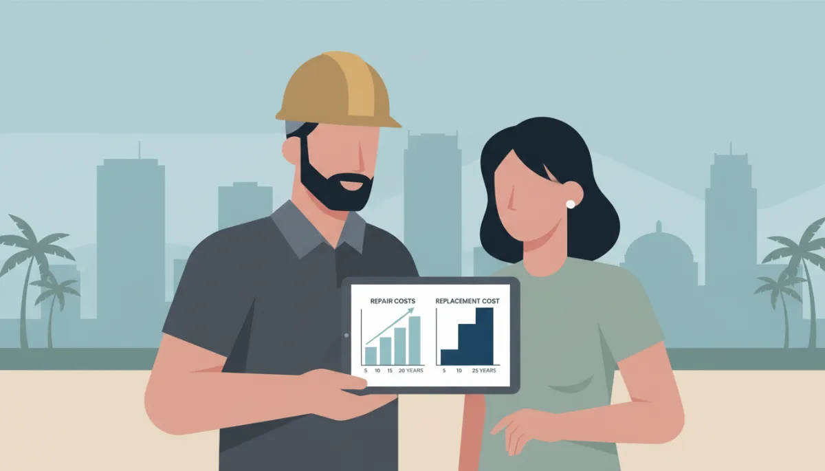 Contractor reviewing long-term roof repair versus replacement cost projections with a Tampa homeowner Contractor reviewing long-term roof repair versus replacement cost projections with a Tampa homeowner