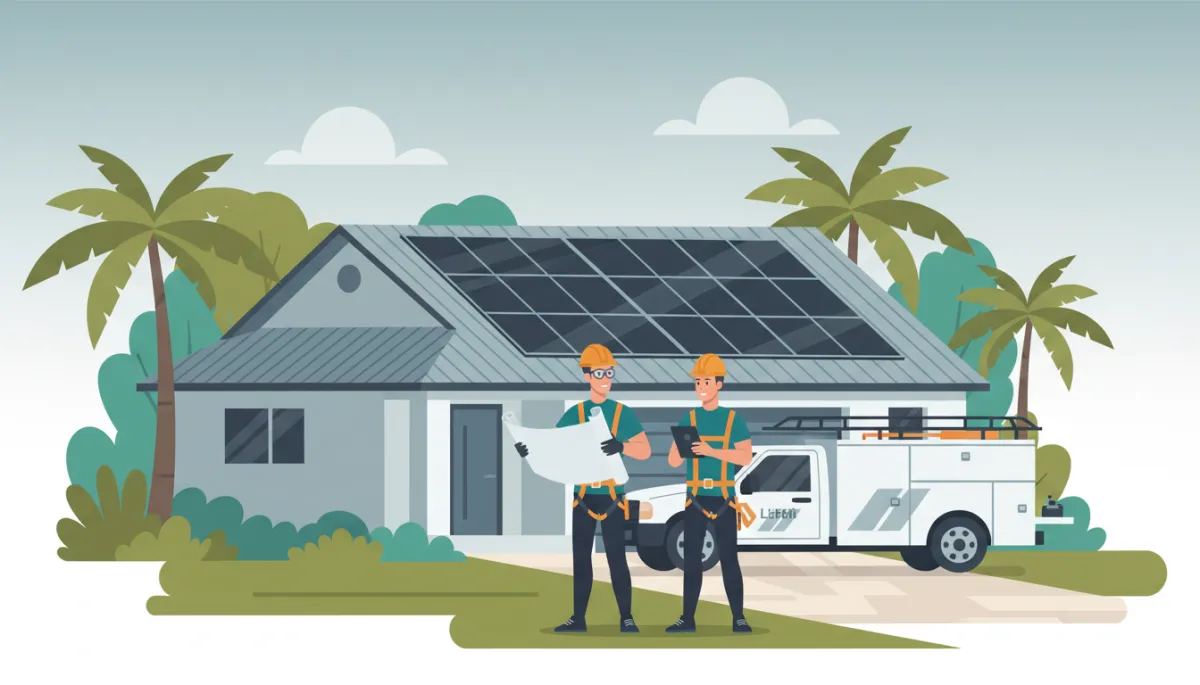 Technician reviewing combined roof and solar installation on a Tampa Bay home