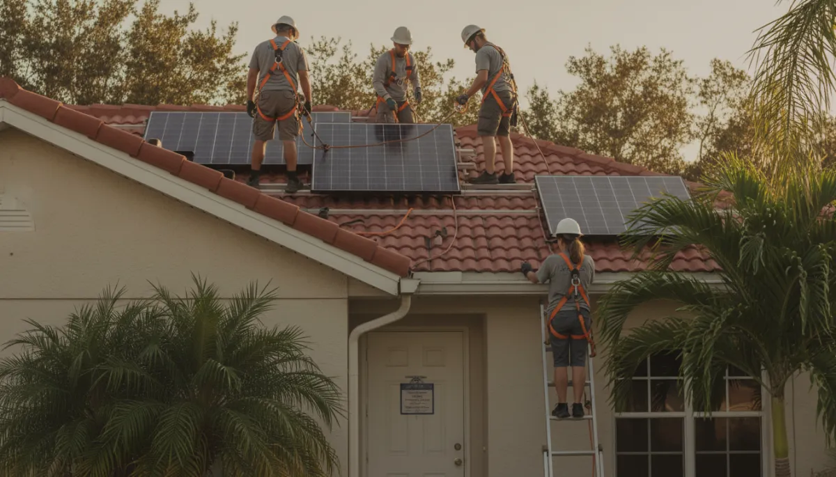 Licensed contractors installing solar panels on a Tampa Bay home