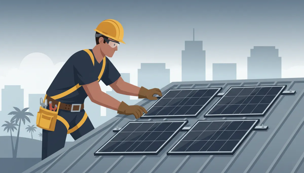 Technician inspecting a hurricane-ready metal roof and solar mounting in Tampa Bay