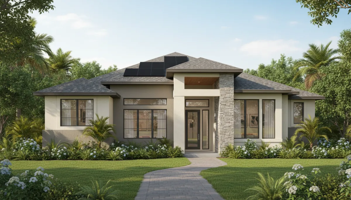 Modern FishHawk Ranch home with low-profile black solar panels integrated on rear roof