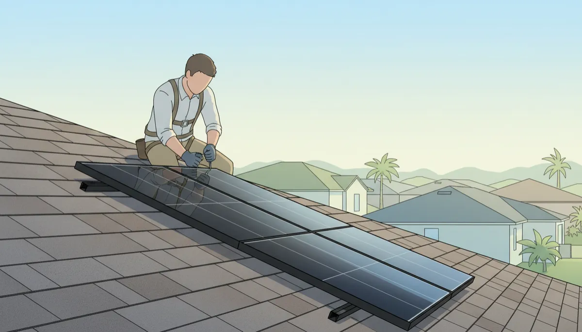 Technician installing solar panels on a Brandon Florida shingle roof
