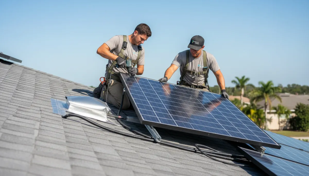 Technicians reinstalling solar panels onto a new shingle roof in Tampa Bay