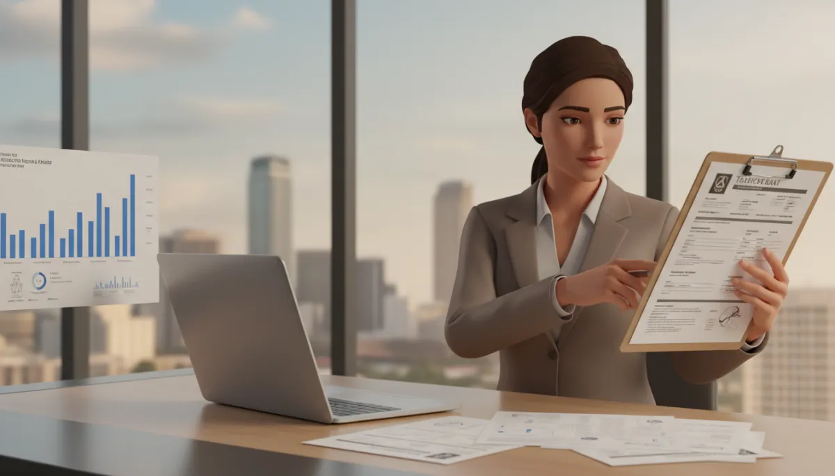 professional neutral-toned photo of a project manager at a desk in a Tampa Bay office reviewing permit documents and construction plans on a clipboard with a laptop and county forms visible