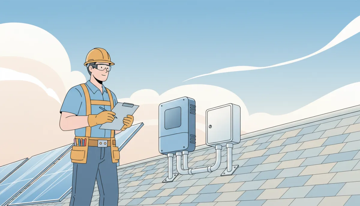 Licensed electrician inspecting a reinstalled solar system on a new roof
