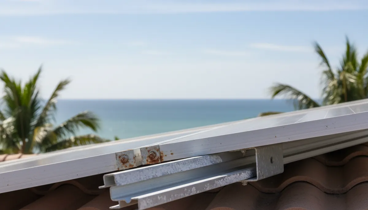 Close-up of solar panel frame and mounting hardware with early oxidation on a coastal Florida roof Close-up of solar panel frame and mounting hardware with early oxidation on a coastal Florida roof