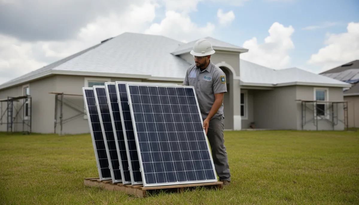Technician inspecting solar panels next to a newly replaced roof in Tampa