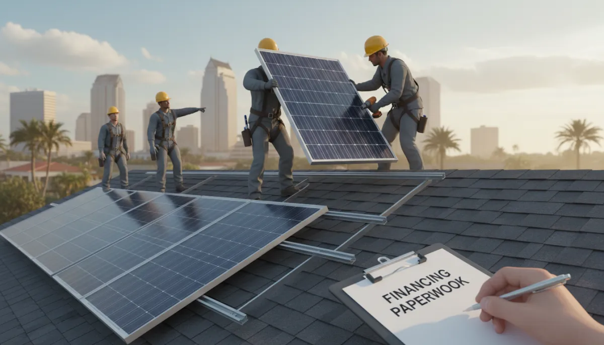 Technicians performing a coordinated Detach & Reinstall with roofing work in Tampa Technicians performing a coordinated Detach & Reinstall with roofing work in Tampa
