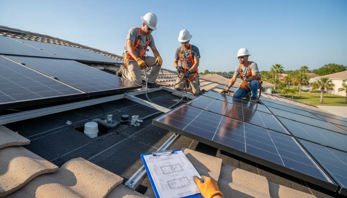 Licensed crew performing a permitted Detach & Reinstall on a Tampa roof with solar panels