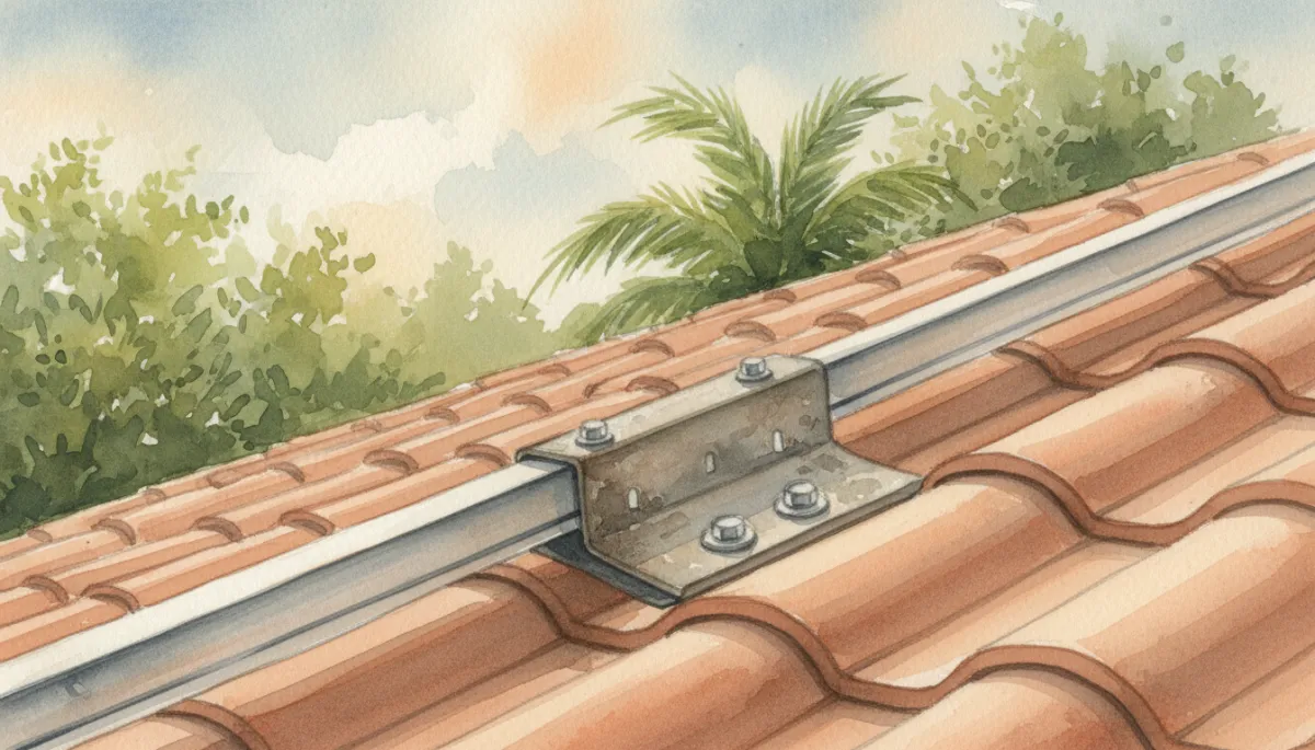 Close-up of tile roof solar mounting hardware and flashing on a Tampa home