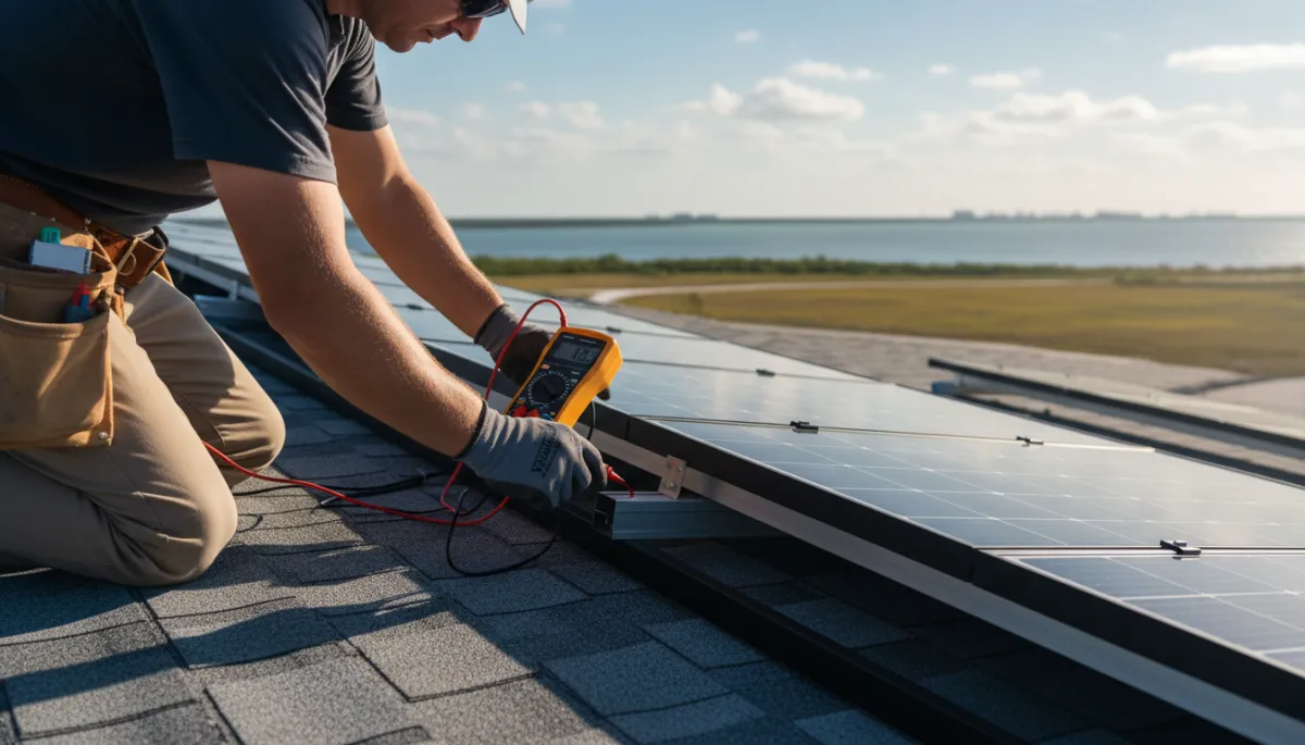 Technician testing reinstalled solar panels on a new Tampa roof