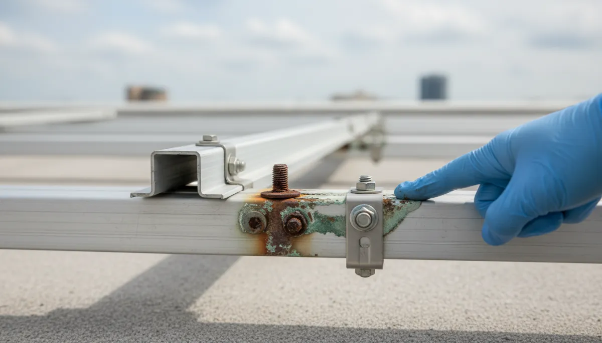 Corroded solar mounting hardware on a Tampa home roof