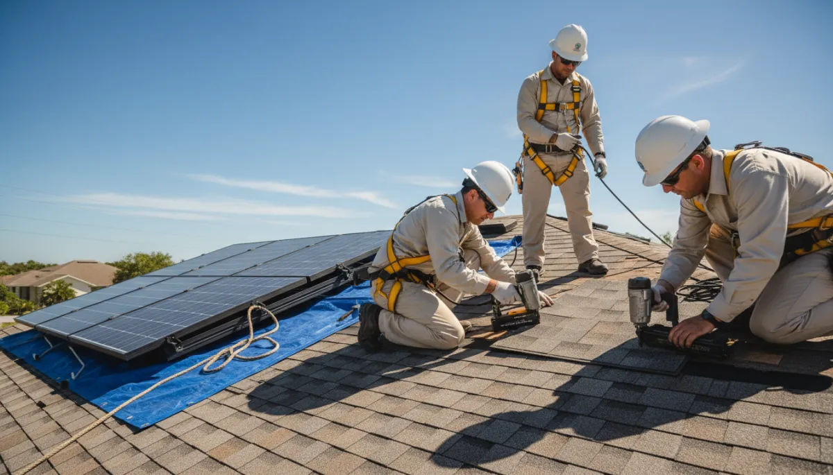 Roofing and solar crews coordinating a detach and reinstall on a Tampa home Roofing and solar crews coordinating a detach and reinstall on a Tampa home