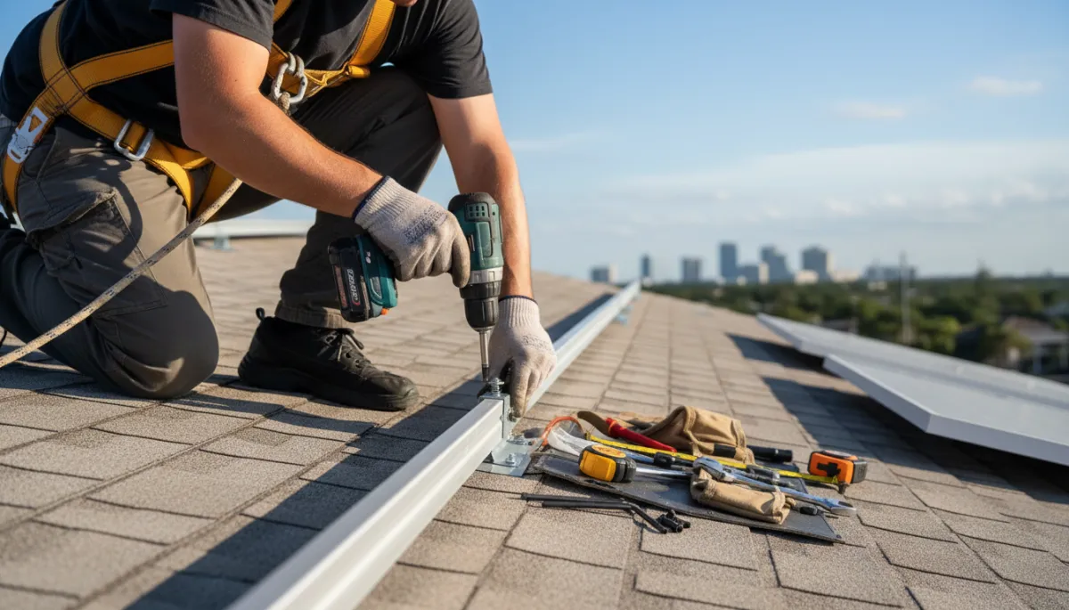 Technician reinstalling solar racking on a Tampa shingle roof