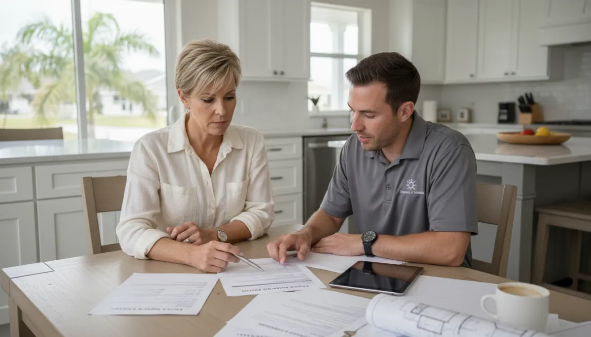 professional neutral-color photograph of a Tampa Bay homeowner reviewing a written Detach & Reinstall proposal with a licensed solar and roofing consultant at a kitchen table, permits and warranty documents neatly spread out